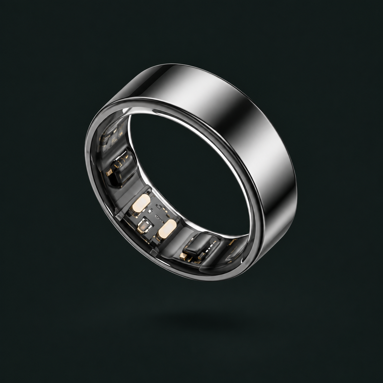 Studio concept of the Ozuk polished silver smart ring with sensors inside the band