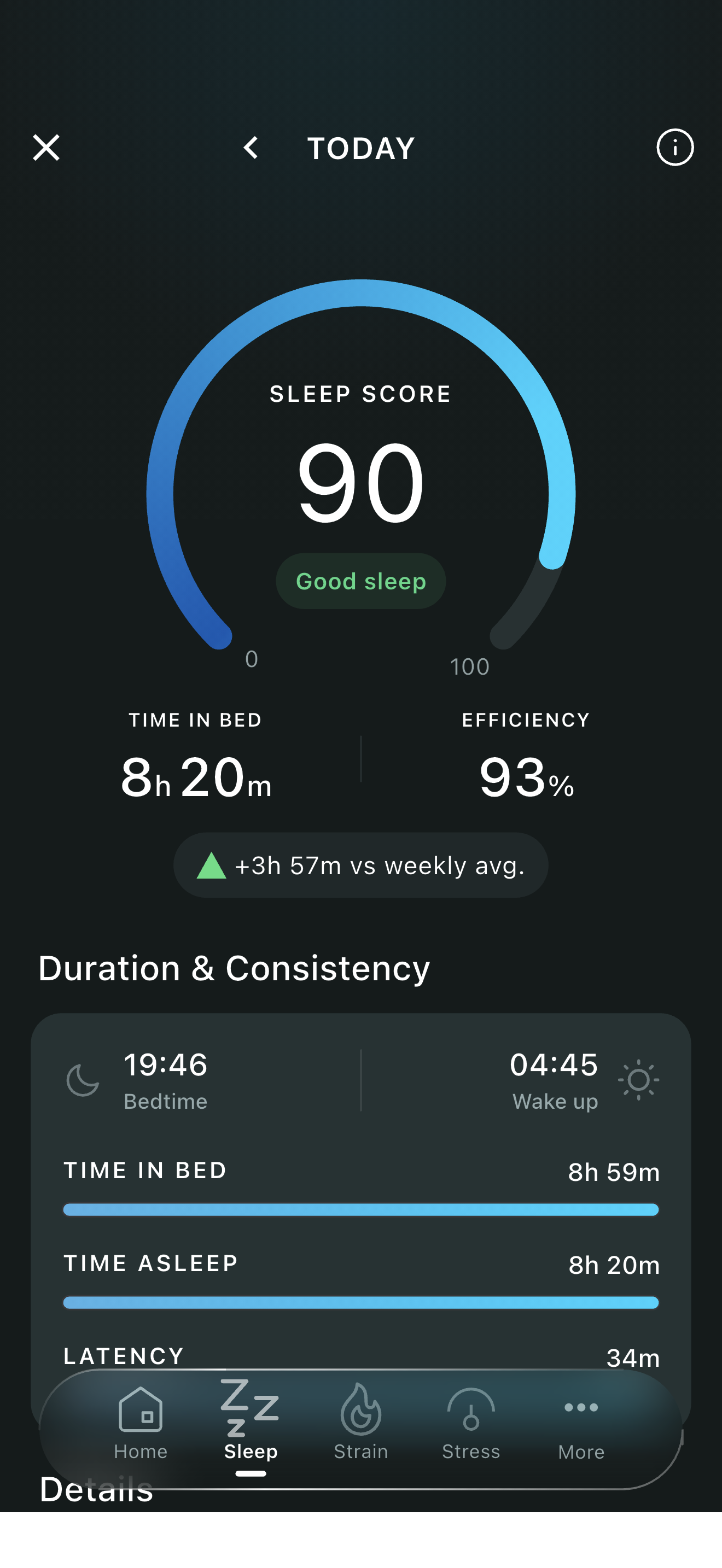 Ozuk sleep screen showing a sleep score of 90, 8 hours 20 minutes in bed and 93 percent efficiency